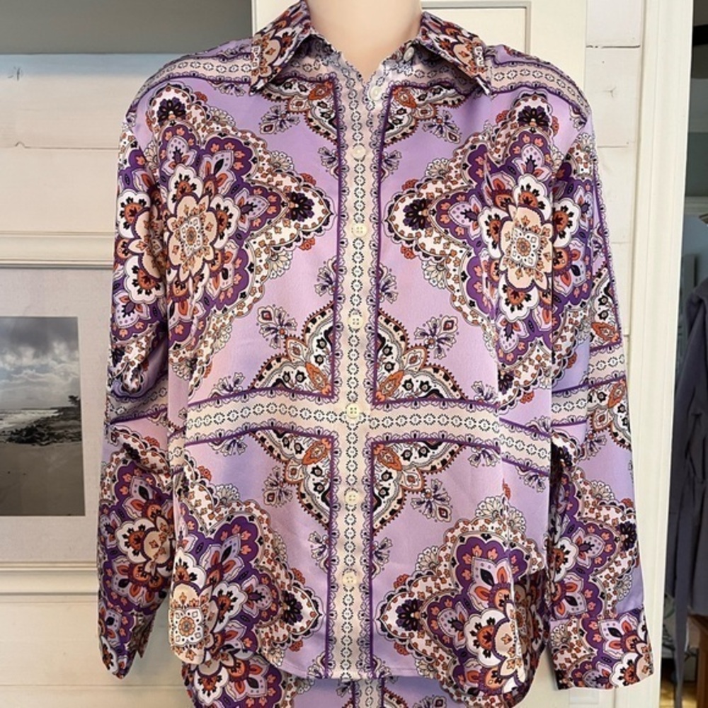 Ann Taylor XXSP Button Down Blouse Purple Oran Pattern NWOT